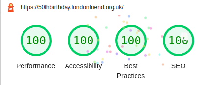 A screenshot showing top marks (all 100%) in the Google Lighthouse webpage audit tool.