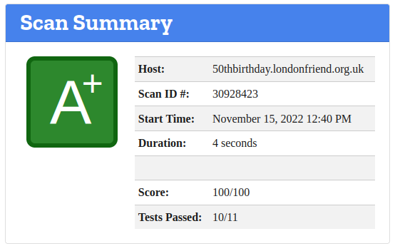 A screenshot of an A+ rating in Mozilla Observatory security scanner.