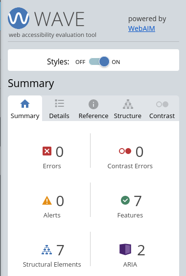 A screenshot showing top marks in Wave accessbility evaluation tool.