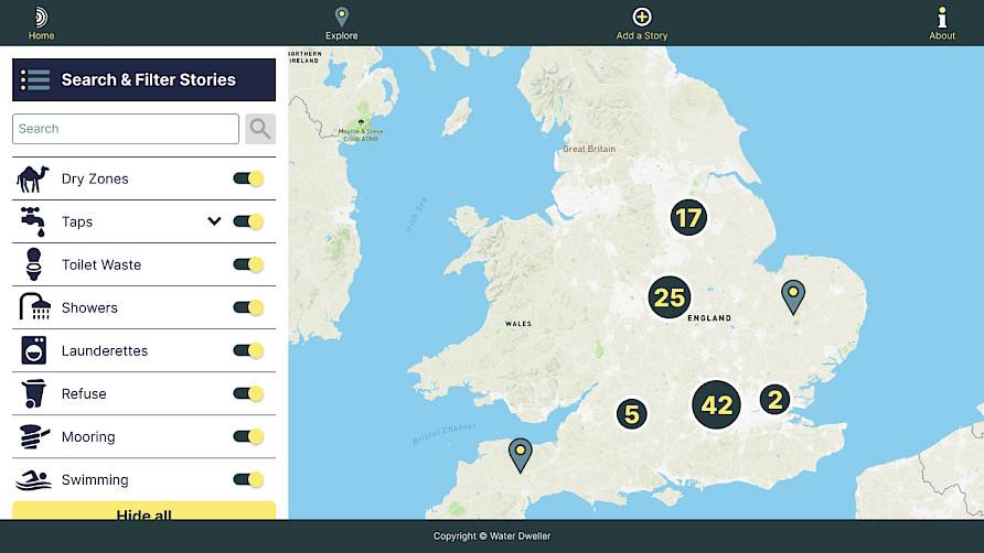 A nicely designed map with a filter and pins showing the locations of stories