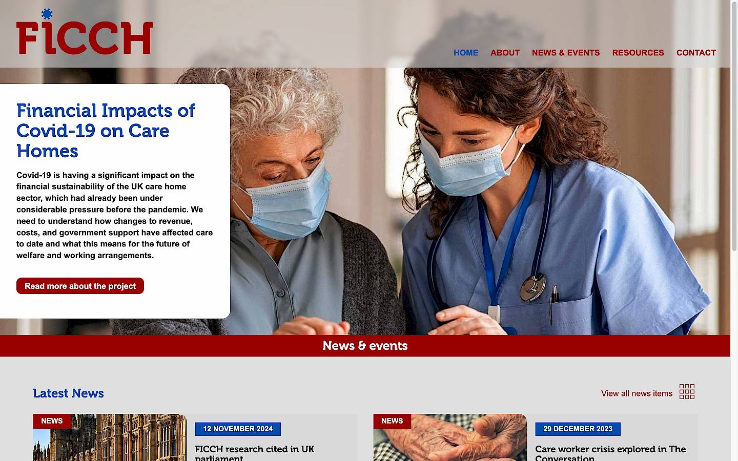 A screenshot of the website showing the brand over a background of a picture of a care home with masked residences and nurses.